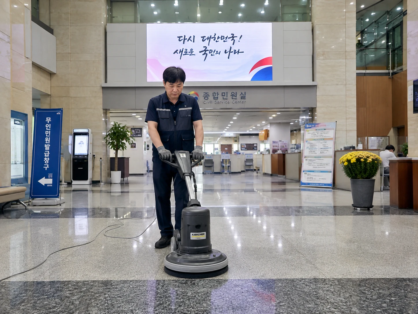 공공 로비 바닥 세척 작업